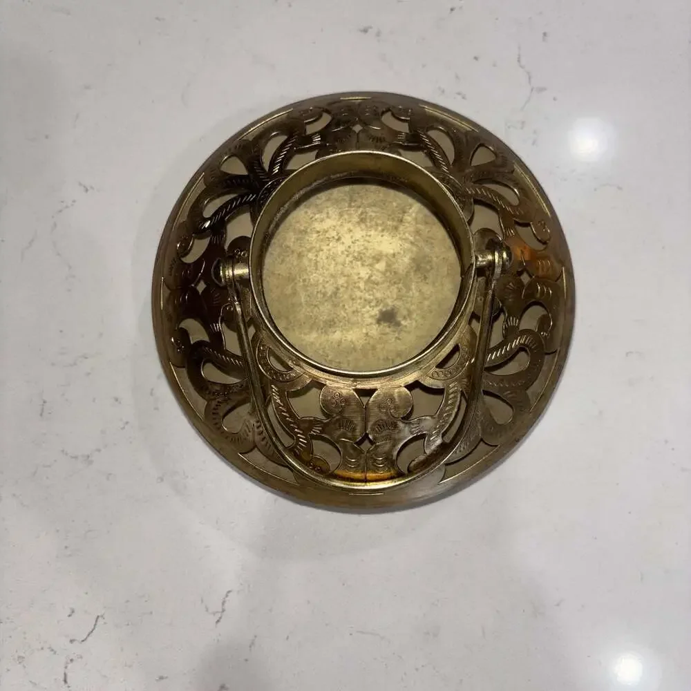 Vintage Hand-Etched Brass Tea Light Holder with Reticulated Floral Design
